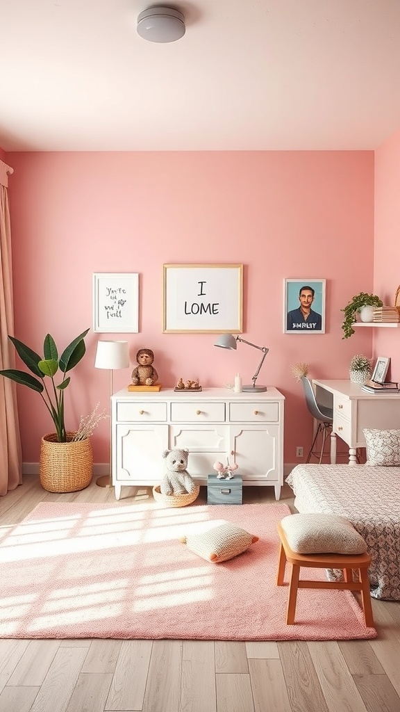 A cozy tween room painted in dusty rose with white furniture and soft decor.
