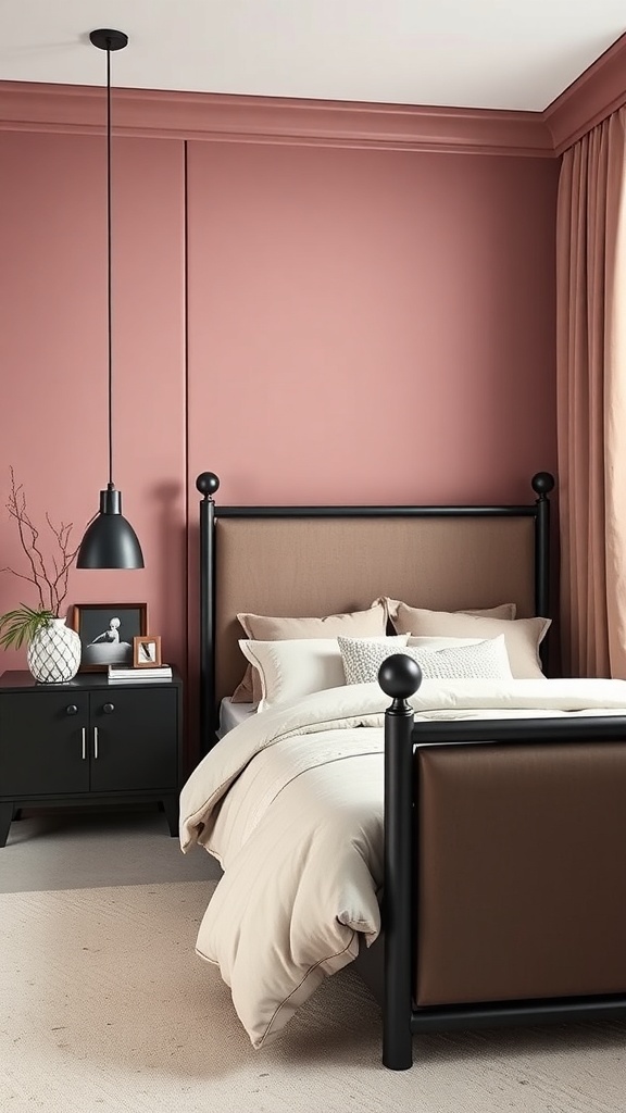A chic bedroom featuring dusty rose walls and matte black furniture, with soft bedding and a modern pendant light.
