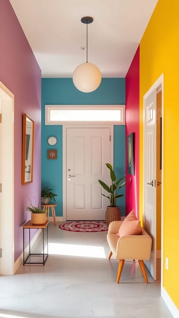 A vibrant entryway featuring purple, teal, and yellow walls with modern decor.