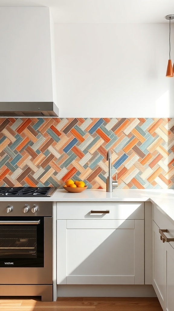 A modern kitchen with a colorful diagonal herringbone backsplash.