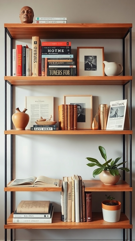A stylish shelf displaying books, decorative items, and plants in varying heights and layers.