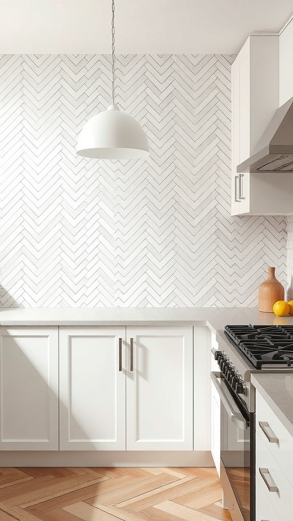 Kitchen backsplash featuring a dynamic herringbone pattern in light-colored tiles.