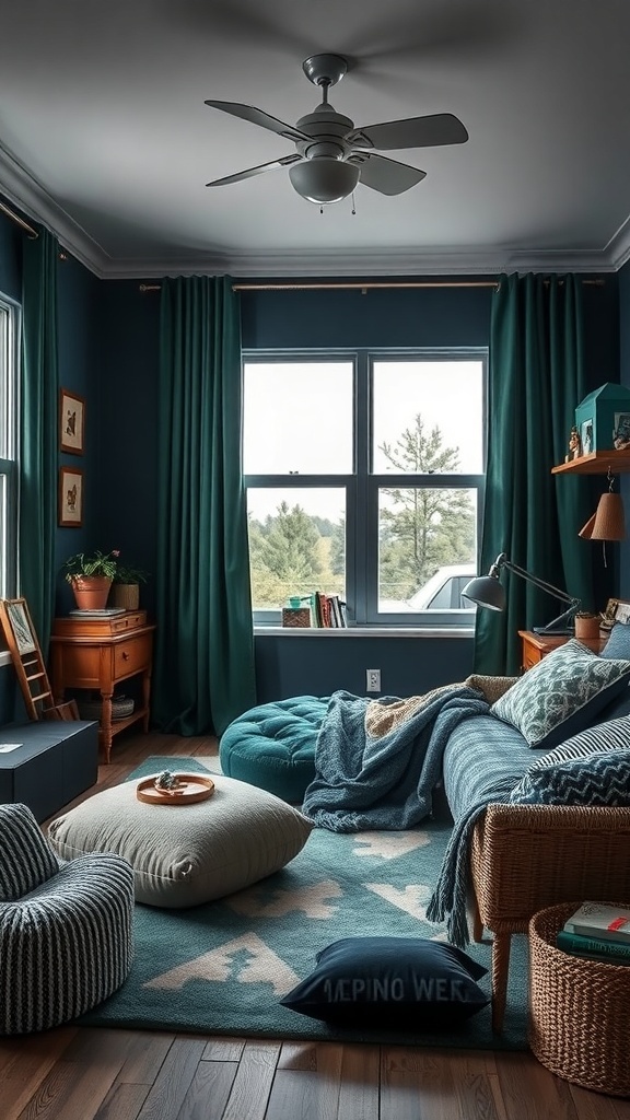 A cozy boys room featuring ink blue walls and green accents, with comfortable seating and natural light.