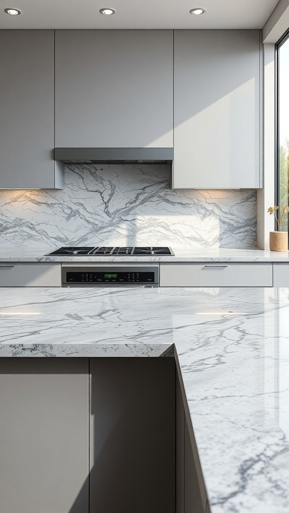 A kitchen featuring Silver Waves Blue Granite countertops with gray cabinetry and modern appliances.