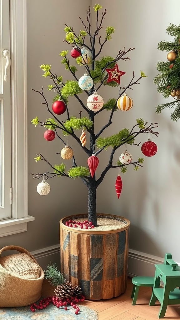 A minimalist Christmas tree with bare branches and colorful ornaments in a rustic wooden planter.