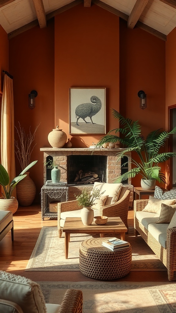 Cozy living room with earthy chestnut walls, wooden furniture, and plants