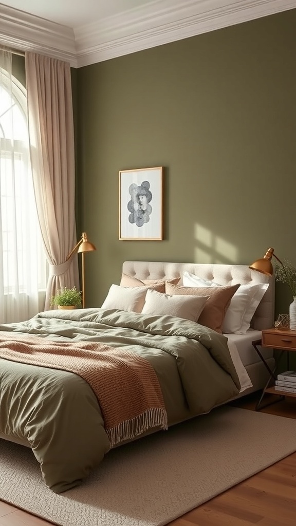 A cozy olive green bedroom featuring a bed with soft bedding, warm lighting, and natural wood accents.