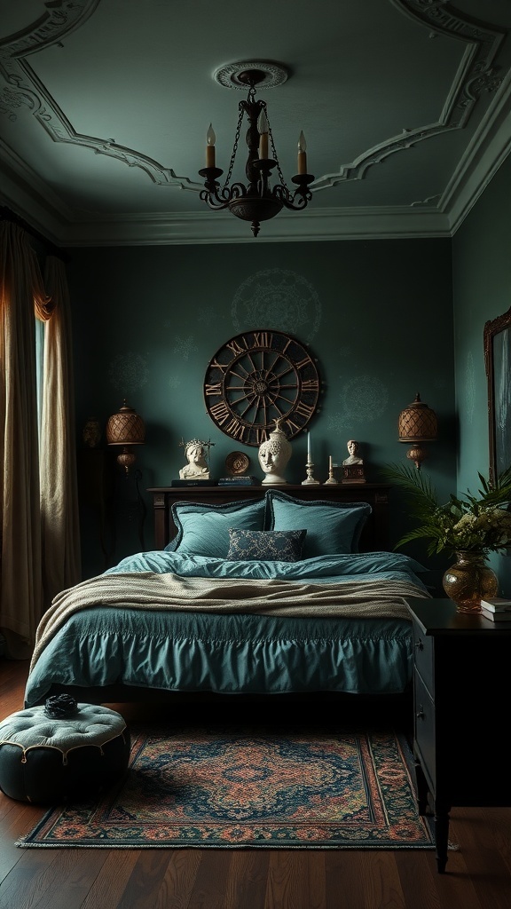 A cozy bedroom featuring deep teal walls, elegant decor, and warm wooden flooring.