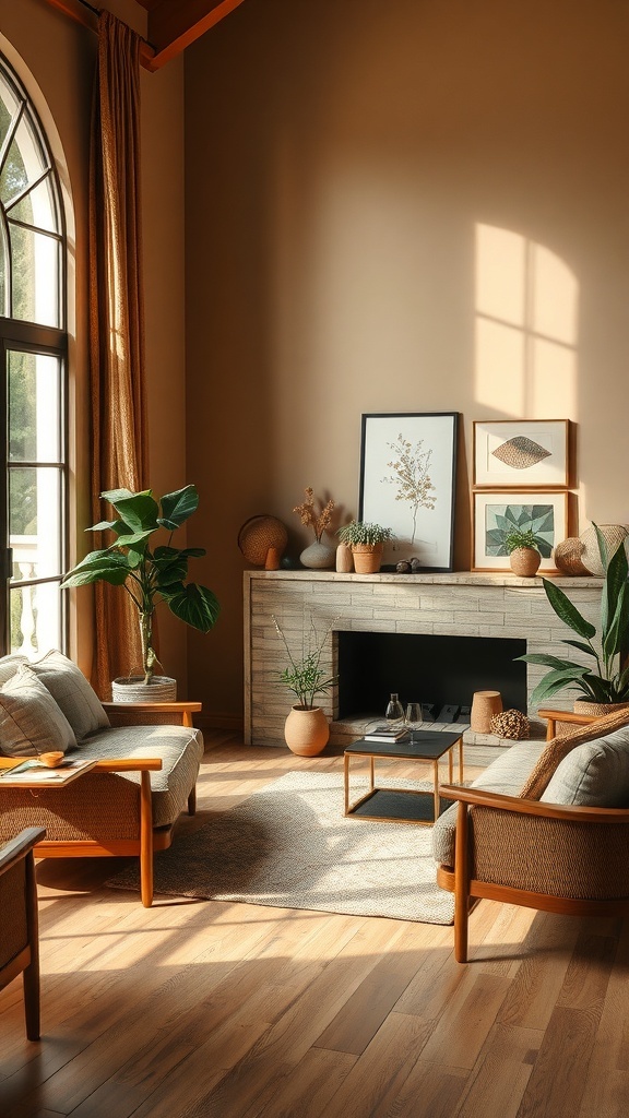 A warm living room featuring an earthy color palette with wooden furniture, plants, and natural light.