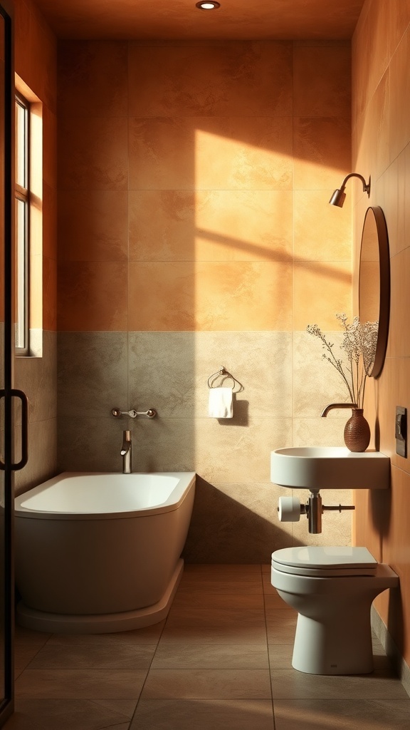 A cozy boho bathroom with earthy tones, featuring a freestanding tub, textured walls, and natural light.