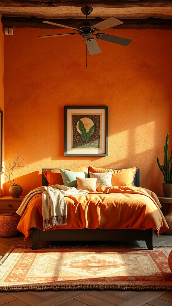 A cozy Southwestern bedroom with terracotta walls, a warm orange bedspread, and rustic wooden beams.