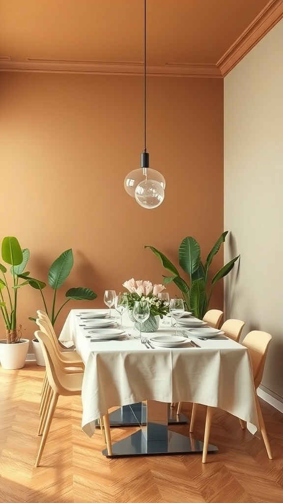A modern dining room with terracotta walls, a wooden table set with a white tablecloth, and green plants.