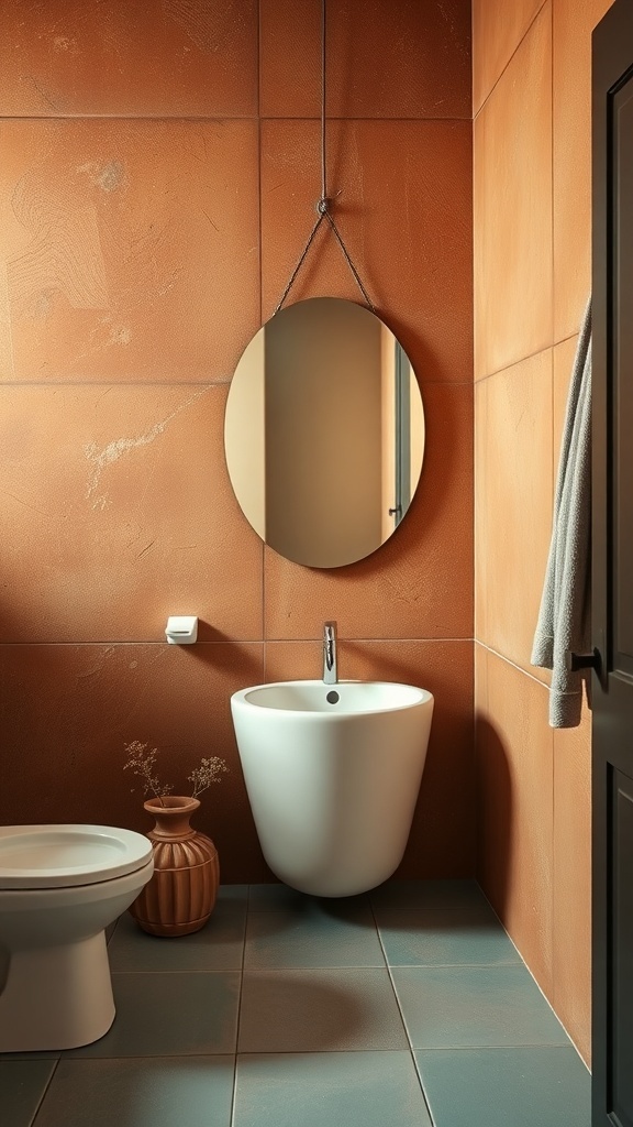 A modern bathroom featuring earthy terracotta walls, turquoise tiles, and a circular mirror.
