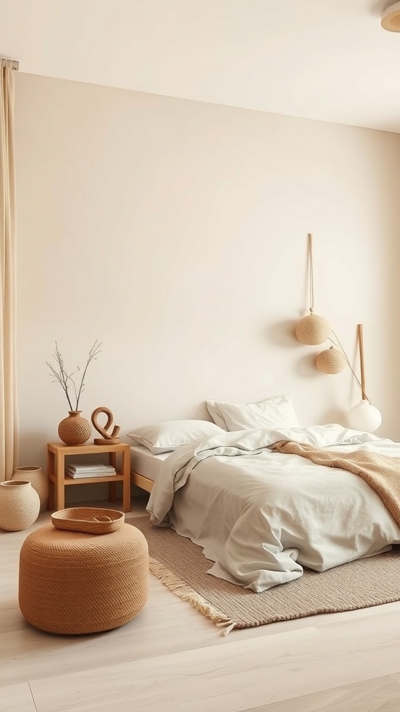 A modern bedroom featuring earthy neutrals and warm minimalism, with soft bedding, wooden furniture, and natural decor elements.