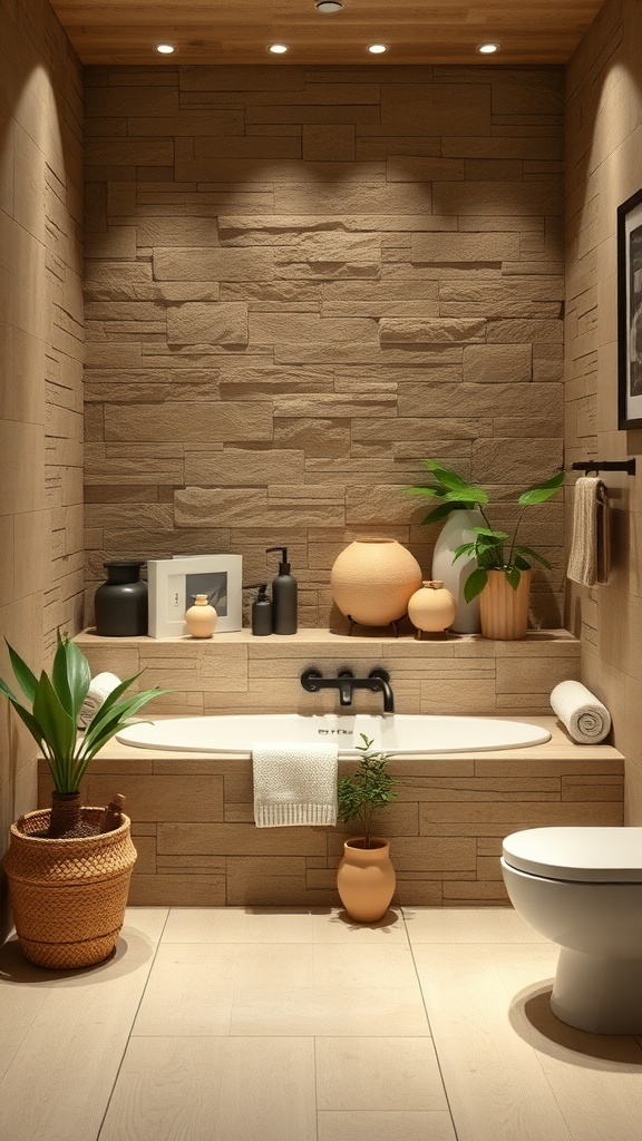 A serene bathroom featuring earthy stone walls, a wooden ceiling, and lush greenery.