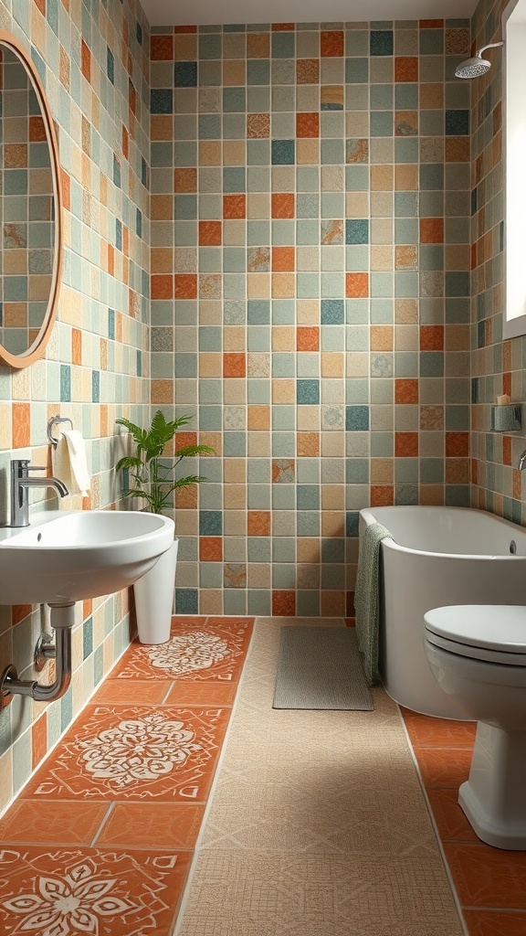 A bathroom featuring earthy tile patterns with terracotta and muted green tiles on the walls and floor.