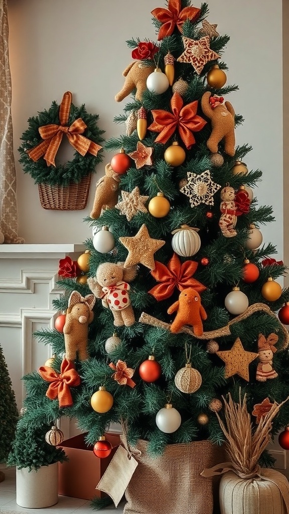 A beautifully decorated Christmas tree featuring earthy tones, textured fabrics, and a cozy atmosphere.