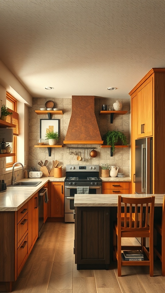 A cozy kitchen featuring earthy tones, wooden cabinetry, and natural materials.