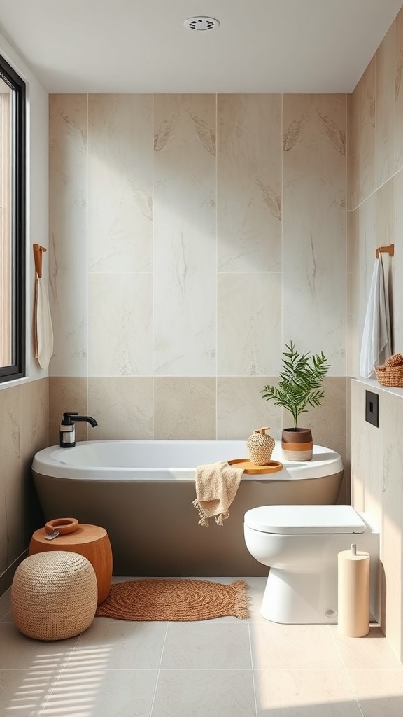 A cozy Scandinavian bathroom featuring earthy tones, a modern bathtub, and simple decor.