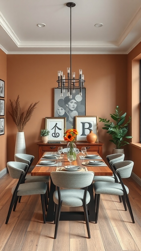 A modern dining room with earthy tones, featuring a round wooden table, sleek fabric chairs, and a pendant light fixture.