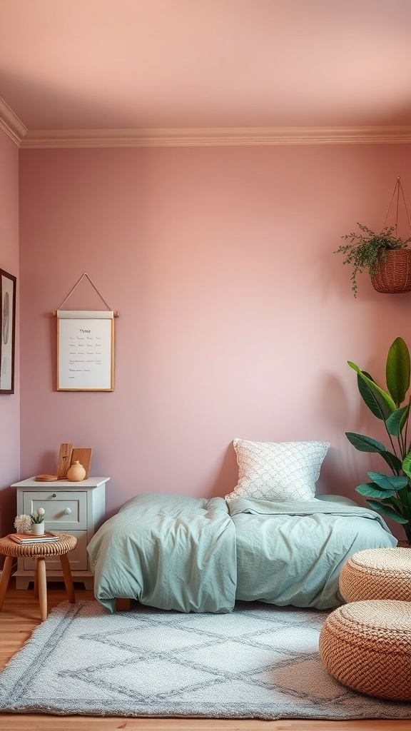 A cozy boys room with earthy tones, featuring a pink wall, green bedding, and natural decor.