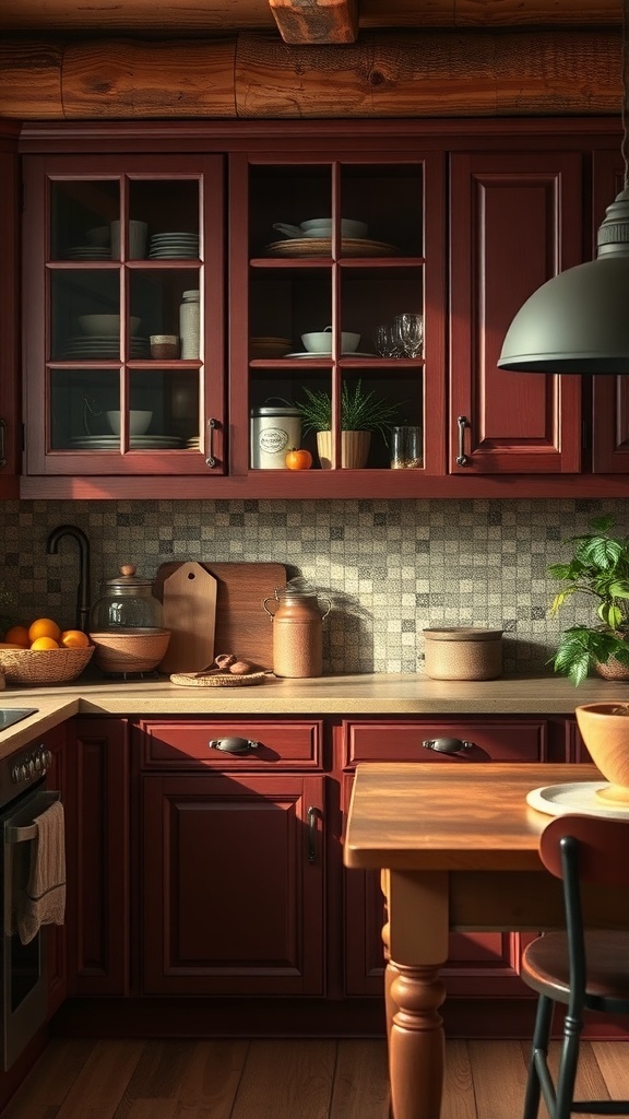 A kitchen featuring rich burgundy cabinets, wooden accents, and a cozy atmosphere.