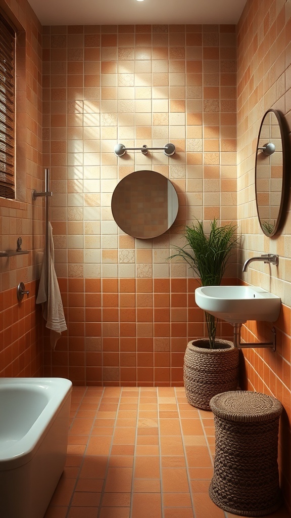 A cozy bathroom featuring terracotta tiles, a round mirror, and a plant, creating a warm and inviting atmosphere.