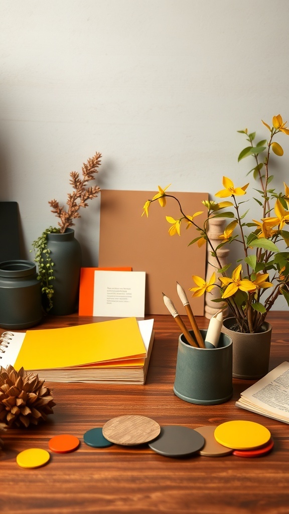 A collection of earthy tones and bright accents displayed on a wooden table, featuring paint swatches, potted plants, and stationery.