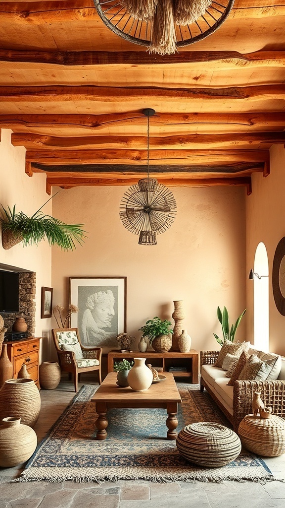 A cozy living room featuring a warm terracotta ceiling with wooden beams, complemented by natural decor elements.