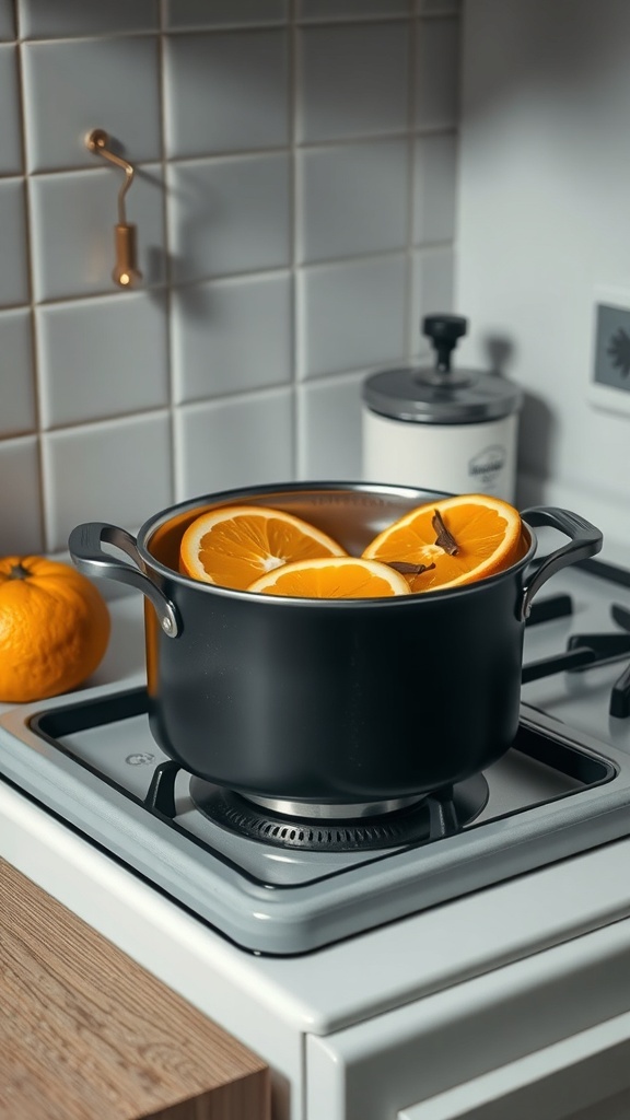 A pot with orange slices and cloves simmering on a stove, creating a warm winter scent.