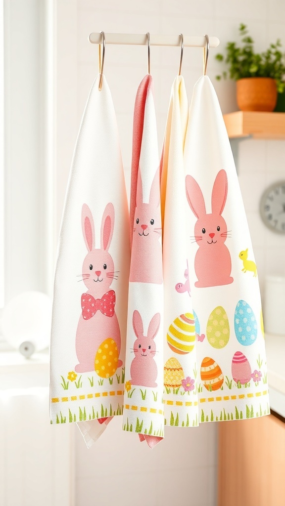 Easter-themed dish towels with bunnies and eggs hanging in a kitchen
