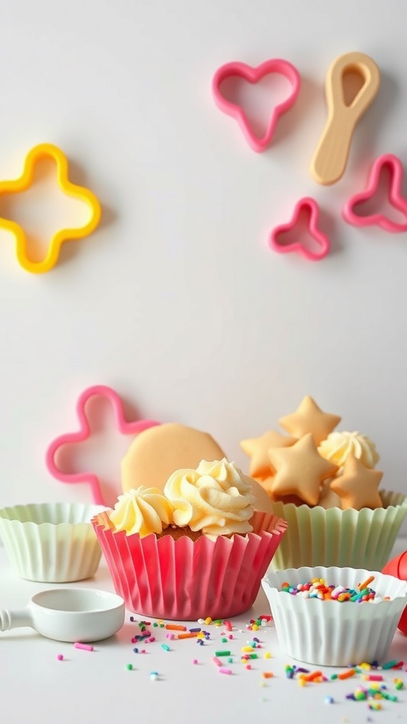 Colorful baking supplies including cupcake liners, cookie cutters, and sprinkles for Easter baking.