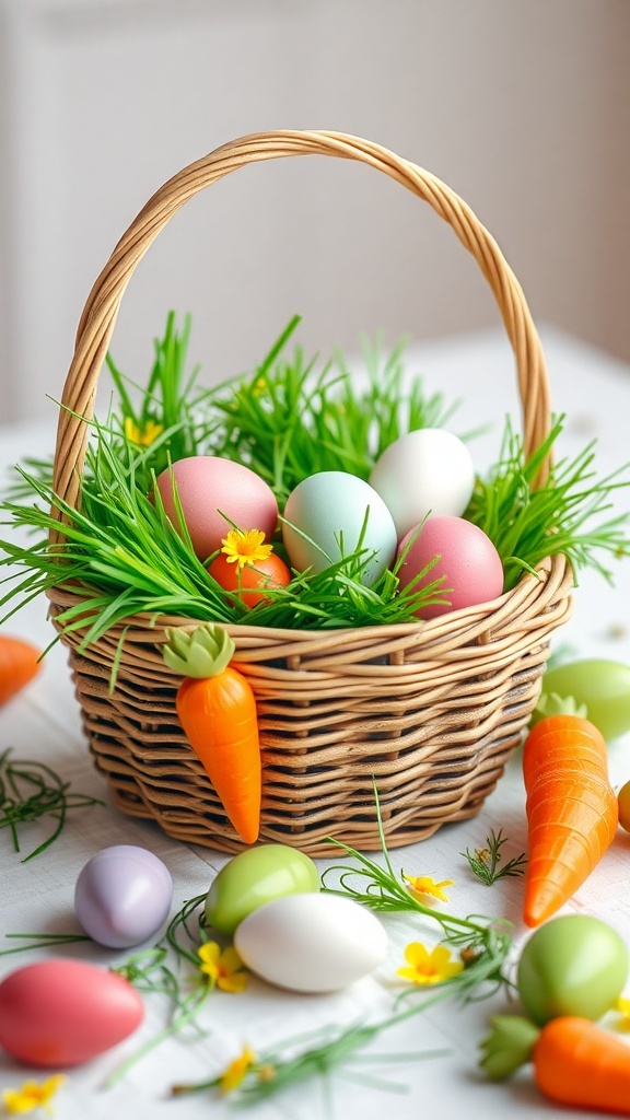 A wicker basket filled with colorful Easter eggs and wooden carrots, surrounded by faux grass and flowers.