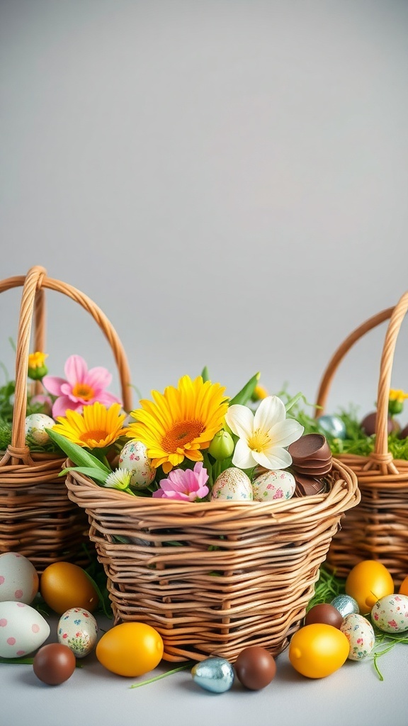 Three wicker baskets filled with colorful flowers and Easter eggs, surrounded by additional eggs.