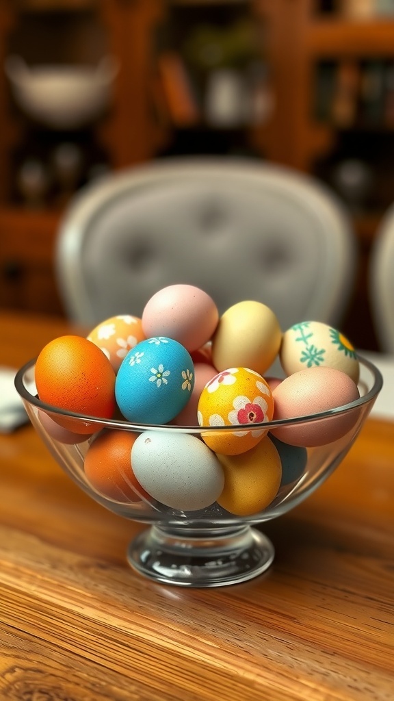 A clear glass bowl filled with colorful, painted Easter eggs on a wooden table.