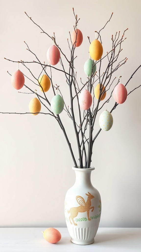 A decorative Easter Egg Tree with colorful eggs hanging from bare branches in a vase.