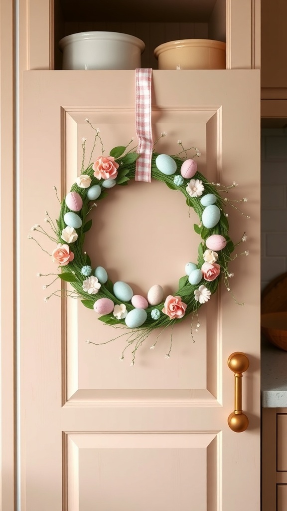 A pastel Easter wreath with eggs and flowers hanging on a cabinet door.