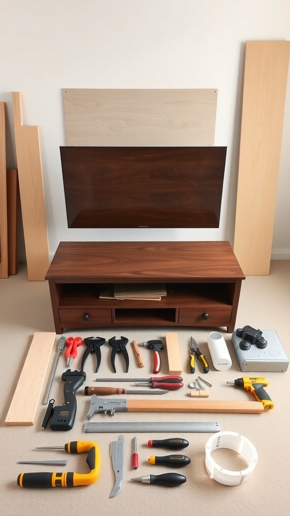 A walnut TV stand with tools laid out for assembly, showcasing an easy assembly process.