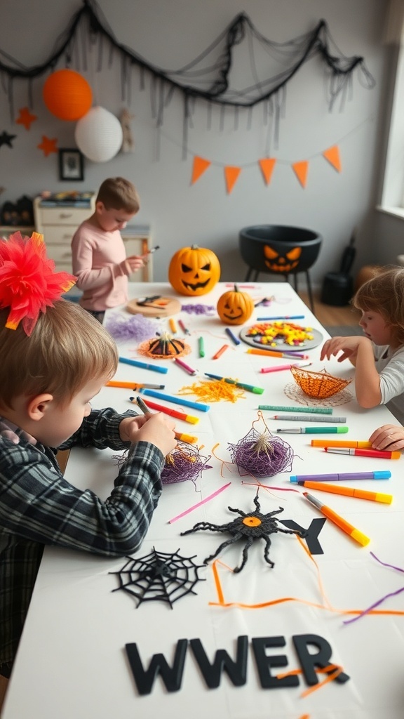 Children engaged in Halloween crafts with pumpkins and colorful supplies on a table.