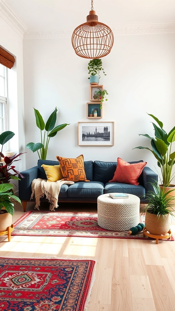 A stylish living room featuring a black sofa, colorful cushions, plants, and decorative rugs.