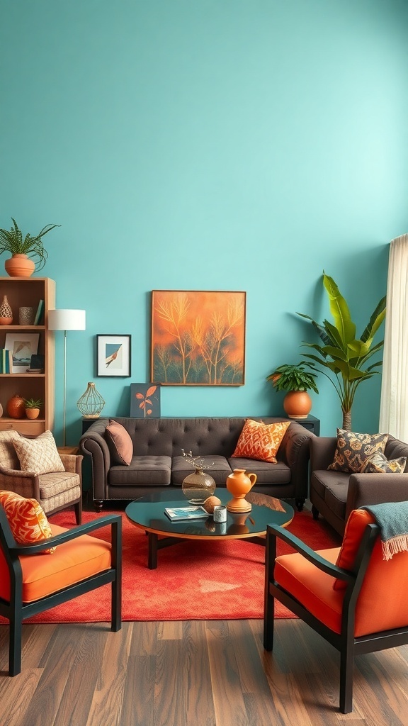 A living room featuring coral-orange chairs, aqua walls, and a chocolate brown sofa, creating a vibrant and inviting atmosphere.