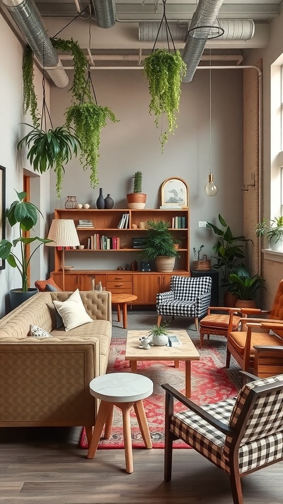 A stylish Victorian maisonette featuring eclectic furniture choices, including a beige sofa, colorful armchairs, and hanging plants.