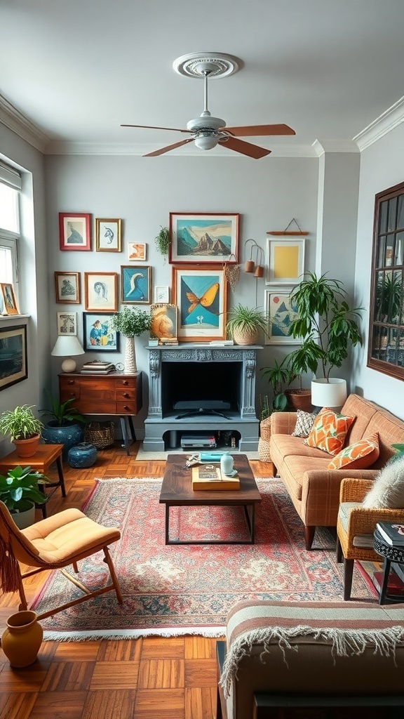 Eclectic I-shaped living room with colorful art, cozy furniture, and plants.