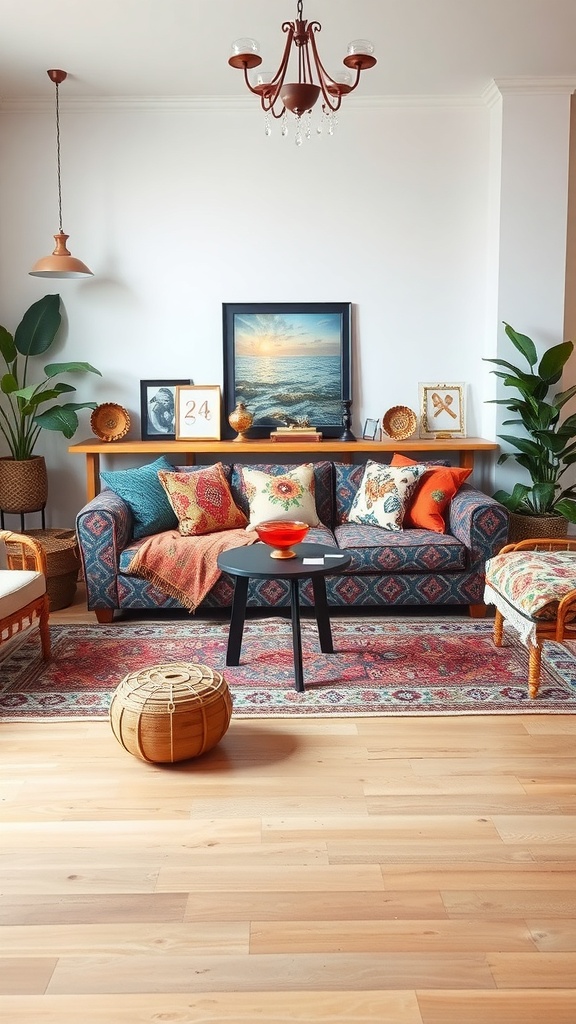 A cozy living room with a patterned couch, colorful cushions, wooden furniture, and plants.