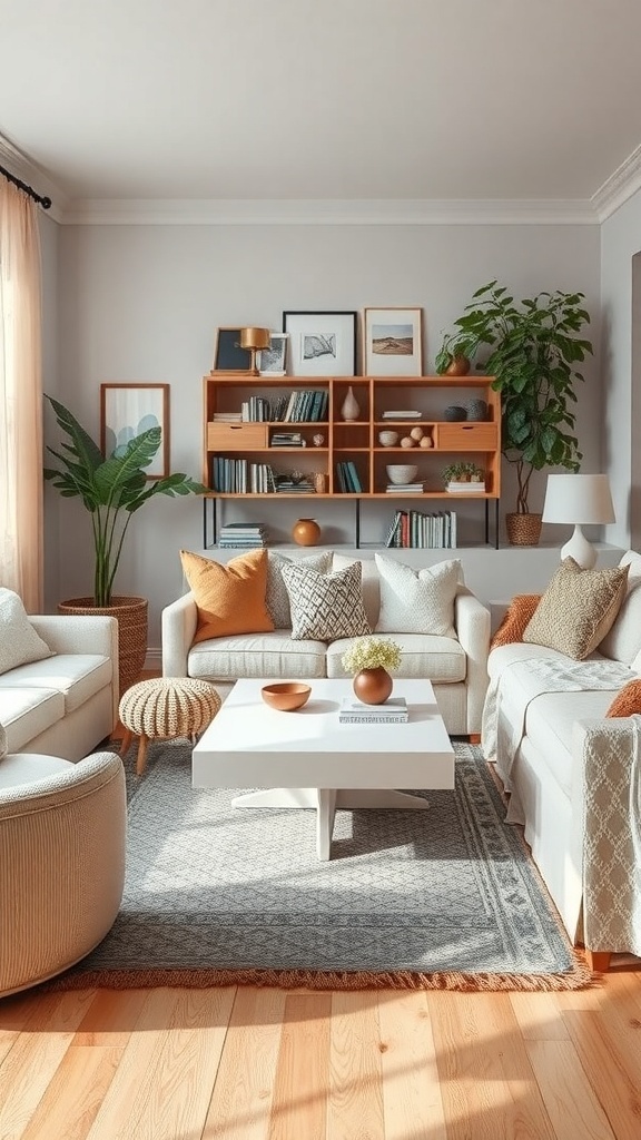 Cozy living room featuring a white coffee table surrounded by textured furnishings and decor.