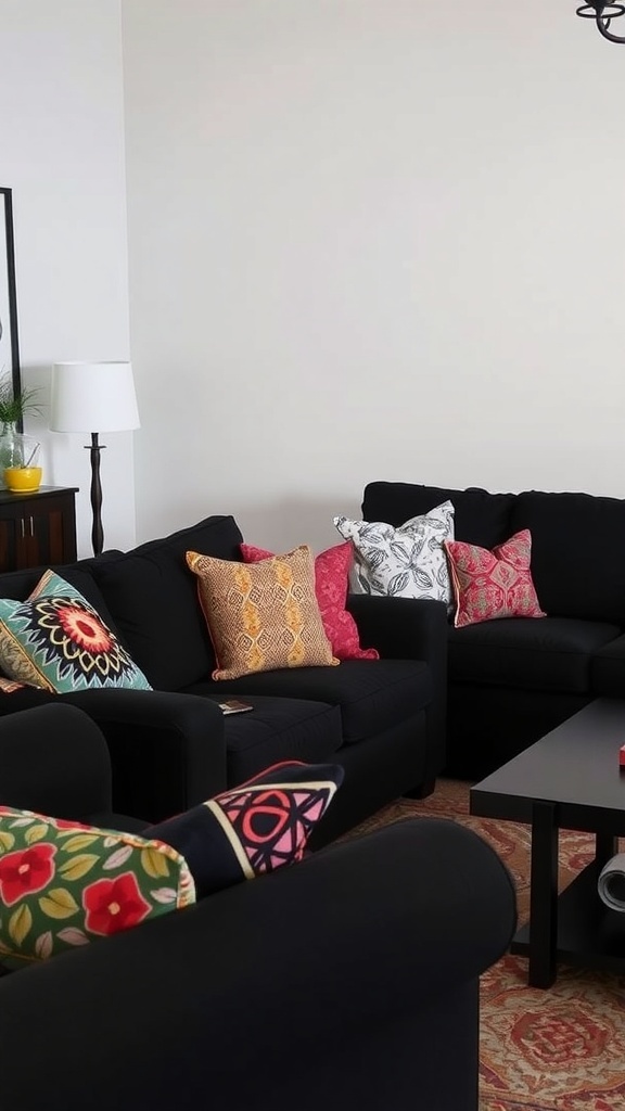 A living room featuring black sofas with colorful, eclectic patterned pillows.