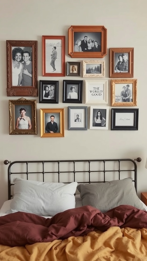Eclectic arrangement of picture frames above a bed, showcasing various photos and art pieces.