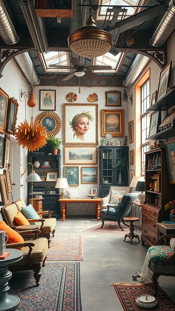 A cozy living room with eclectic decor, featuring a mix of vintage and modern furniture, layered rugs, and various artworks on the walls.