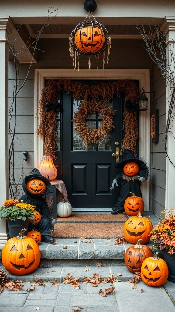 A beautifully decorated Halloween porch featuring pumpkins, a wreath, and spooky decor.