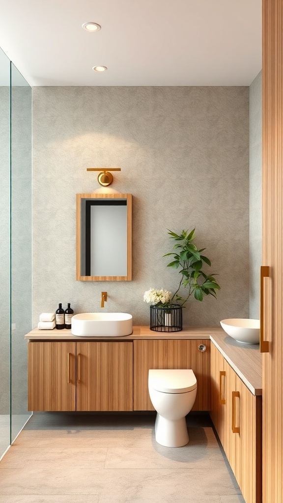 A modern bathroom featuring eco-friendly bamboo cabinets, showcasing a sleek design with natural tones.